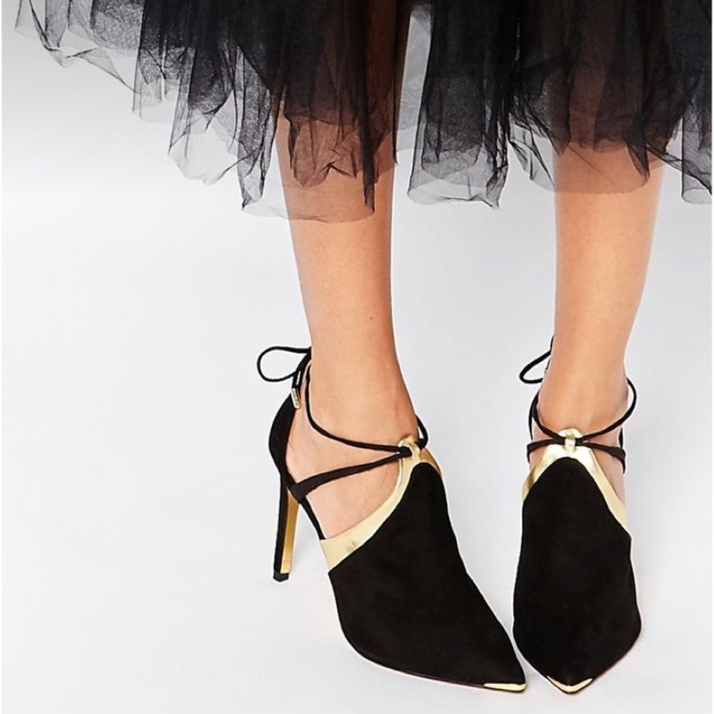 Ted Baker Black and Gold Pointed Toe Strappy Stiletto Heels
